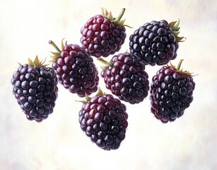 Eight glossy ripe blackberries with green stems floating on a soft light background, fresh, vibrant and juicy, inviting and appetizing