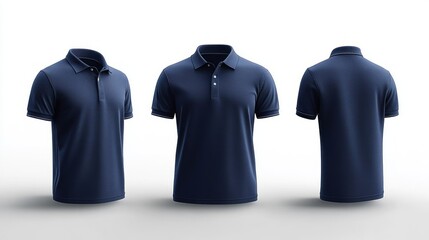 Three navy blue polo shirts displayed on invisible forms showing angled left, front and back views with collars and buttons in a clean studio setting conveying a modern, professional mood