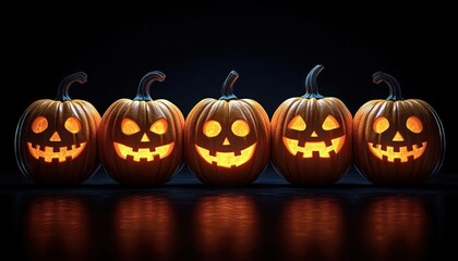 five glowing carved jack o lantern pumpkins with cheerful spooky faces on a reflective dark surface
