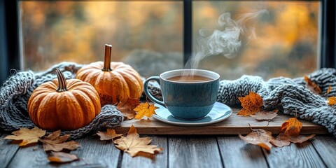steaming cup of tea on a wooden board with two small pumpkins, knitted gray blanket and scattered autumn leaves on a windowsill, cozy warm fall morning