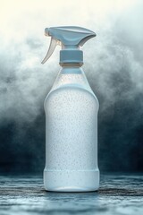 single plastic trigger spray bottle with water droplets on a wet reflective surface against a misty blue-gray background, evoking sterile calm and cleanliness
