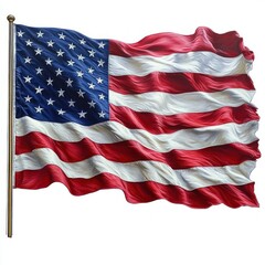 waving red white and blue flag with stars and stripes on a pole, billowing fabric conveying pride and patriotic triumph