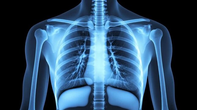 Detailed X-ray animation of human chest showcasing internal organs and skeletal structure