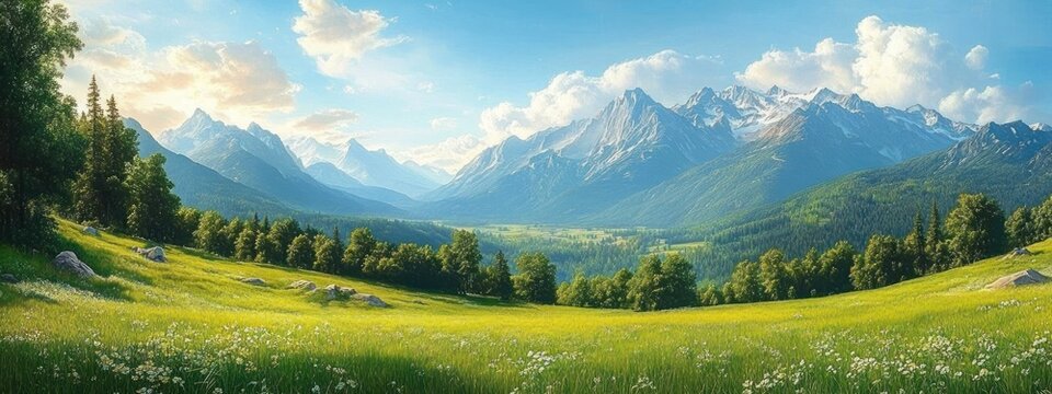 sunlit alpine meadow filled with wildflowers, scattered rocks and trees opening onto a forested valley and distant snow-capped mountain range under a bright blue sky, peaceful and uplifting