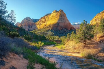 sunlit sandstone cliffs towering over a winding stream in a pine and scrub valley, peaceful golden late afternoon light under a clear blue sky