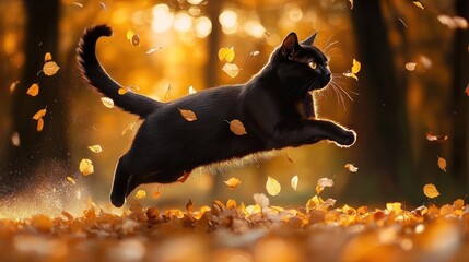 Black cat leaping through golden autumn leaves in a sunlit forest, playful and energetic midair motion