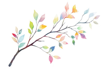 Fototapeta premium A watercolor illustration of a delicate branch adorned with multicolored leaves. the beauty of nature and the changing seasons. ideal for nature-themed projects and decor