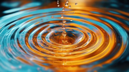 golden and turquoise water droplets falling into a rippling pool with concentric rings and shimmering reflections, calm and mesmerizing