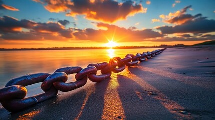 rusty heavy chain stretched across sandy beach toward glowing sunset over calm water, warm golden light and dramatic clouds evoking peaceful solitude