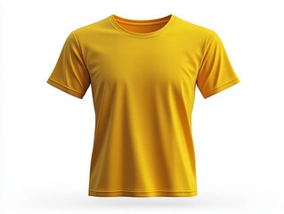 front view bright yellow short-sleeve crew neck t-shirt on white background, plain casual tee with soft folds and a cheerful sunny vibe