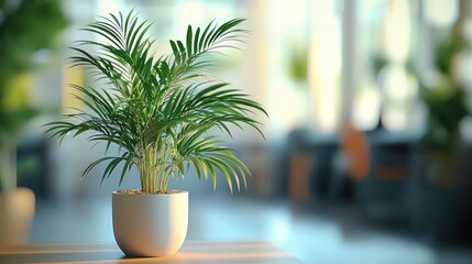 Lush green potted palm in a white ceramic pot on a wooden table with soft sunlight and a blurred modern interior, evoking calm fresh serenity