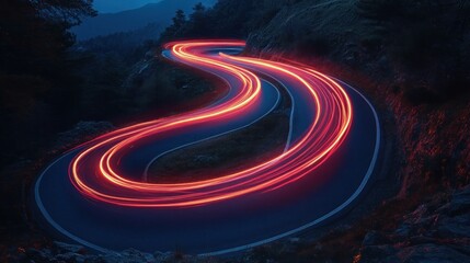curving mountain road at night with vibrant red and orange light trails forming looping neon ribbons, evoking thrilling motion and energy