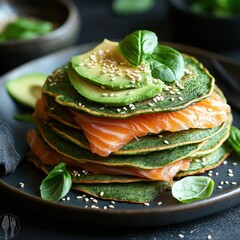 Stack of green spinach pancakes layered with smoked salmon, topped with avocado slices, fresh basil and sesame seeds on a dark plate, fresh and appetizing gourmet meal