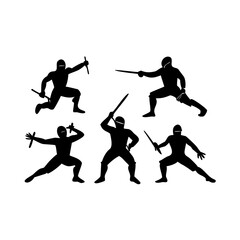 Silhouettes of four ninjas showcase various poses with simple designs and a bold black style.

