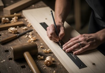 Carpenter Marking Wood Plank with Pencil and Ruler, Precision Woodworking and Craftsmanship