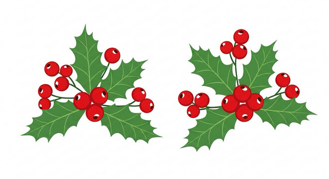 Two simple vector illustrations of holly clusters with red berries are isolated on a white background.