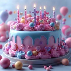 Pastel pink and blue single-tier birthday cake with dripping blue glaze, piped pink rosettes, candy decorations and lit candles, surrounded by floating balloons in a joyful celebratory scene