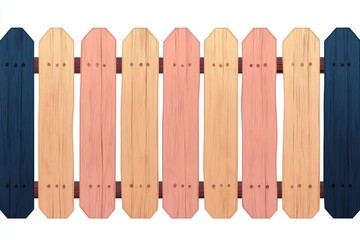 colorful wooden picket fence with alternating pastel pink and natural planks and dark blue end slats, symmetrical cheerful decorative panel