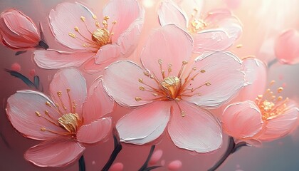 delicate pink cherry blossom branch with gold-accented stamens, visible textured brushstrokes and soft glowing light evoking a dreamy serene spring mood