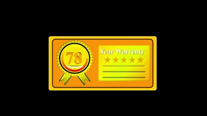 Golden 78 year warranty certificate badge with ribbon and five stars on black background, premium product guarantee label, metallic gold quality assurance seal for trusted service and reliability