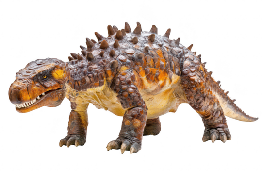 A realistic depiction of a prehistoric creature resembling a dinosaur. its textured skin and spiky back. set against a plain white background. ideal for educational and creative projects