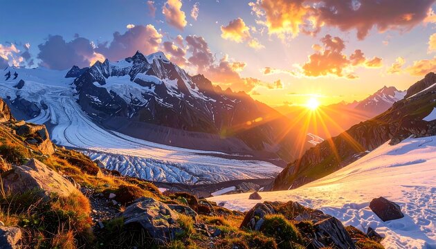 A breathtaking landscape with snowy peaks, a vast glacier, and an orange sunset casting rays across the scene