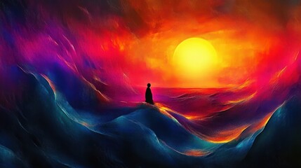 Solitary silhouette standing on undulating waves beneath a luminous sun and a vibrant multicolored sky, evoking serene contemplation and awe