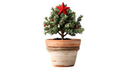 Small Christmas tree planted in a decorative pot with a shiny red star on top, lush green branches and minimal ornaments for a cozy festive look, isolated on white background 