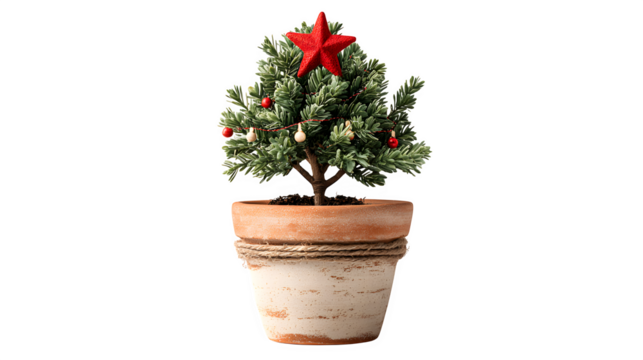 Small Christmas tree planted in a decorative pot with a shiny red star on top, lush green branches and minimal ornaments for a cozy festive look, isolated on white background 
