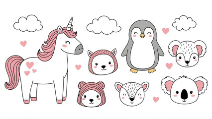 Cute Doodle Characters Whimsical Animal Noodle Art, Quirky 2D Design, and Playful Food Sketches