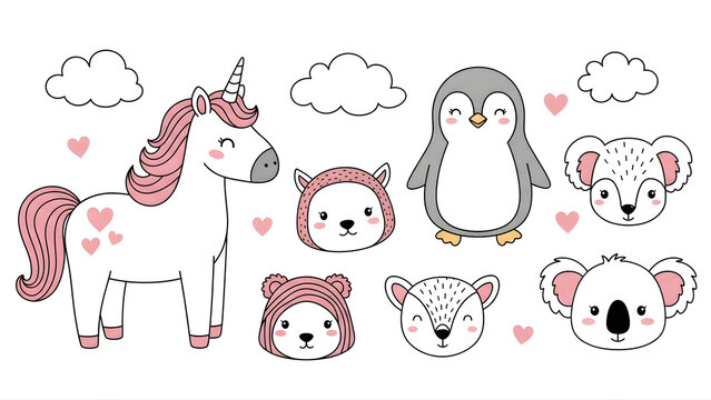 Cute Doodle Characters Whimsical Animal Noodle Art, Quirky 2D Design, and Playful Food Sketches