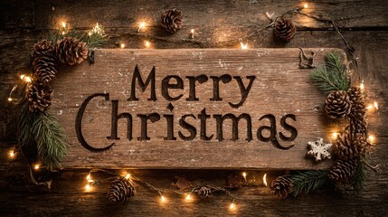 Rustic merry christmas sign with pine cones and lights festive holiday decoration
