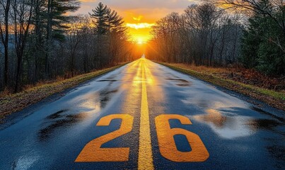 Empty wet country road with large painted 26 and double yellow center line reflecting golden sunrise, bare trees lining the straight horizon, peaceful hopeful mood