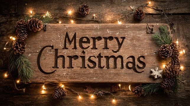 Rustic merry christmas sign with pine cones and lights festive holiday decoration