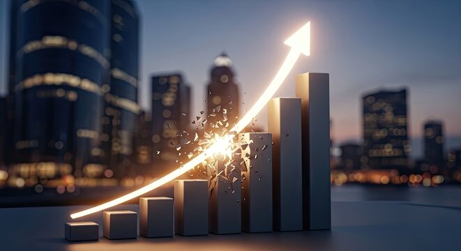 Dramatic upward trend arrow bursting through a growth chart against a vibrant cityscape at dusk shows powerful financial success and progress