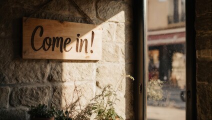 A warm welcome sign invites customers into a charming establishment bathed in sunlight.