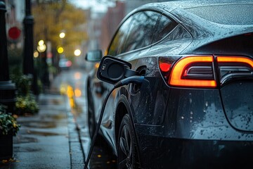 Electric car charging on a rain slick city street at dusk with glowing taillights and reflective puddles, moody and contemplative atmosphere