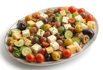 Greek salad with feta cheese, tomatoes, cucumbers, olives, and grapes isolated on white background.appitizers