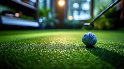 Golf ball on an indoor putting green with putter poised, soft warm lights and blurred plants by a window, calm focused anticipation
