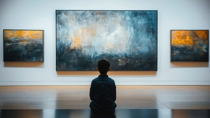 young boy sitting on gallery floor facing three large abstract paintings in a quiet contemplative moment