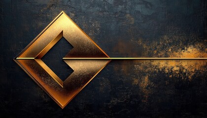 gold metallic diamond emblem with left pointing arrow cutout and extending horizontal bar on dark textured grunge background, dramatic luxurious mood