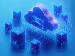 glowing blue digital cloud connected by neon circuit lines to multiple stacked server cubes with sparkling data streams, conveying a futuristic secure network