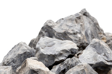 A close-up view of a pile of large. irregularly shaped gray rocks against a clean white background. natural textures and colors. ideal for backgrounds or design elements