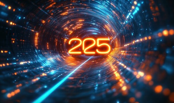 Glowing neon number 225 hovering in a swirling futuristic light tunnel of blue and orange particles, conveying speed, energy and awe