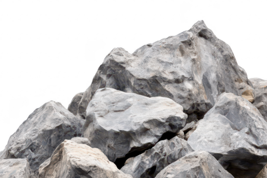 A close-up view of a pile of large. irregularly shaped gray rocks against a clean white background. natural textures and colors. ideal for backgrounds or design elements