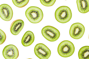 Fototapeta premium A and fresh arrangement of sliced kiwi fruits displayed on a clean white background. their unique green flesh and black seeds. perfect for culinary or health-related visuals