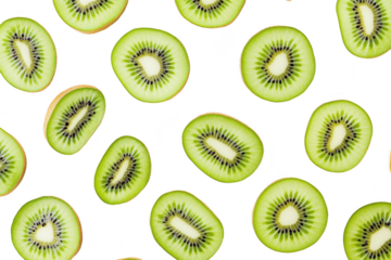 A and fresh arrangement of sliced kiwi fruits displayed on a clean white background. their unique green flesh and black seeds. perfect for culinary or health-related visuals