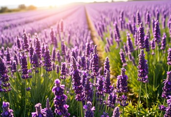 Obraz premium Sun-drenched lavender field, vibrant purple blooms, fragrant harvest, agricultural field, bloom