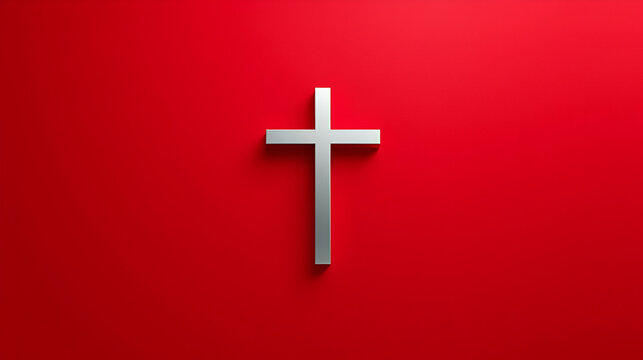 Silver Christian Cross on liturgic red vertical copy space banner background. 3D illustration for online worship during the passion for Christ, Confirmation, Good Friday, Palm Sunday, and Pentecost.