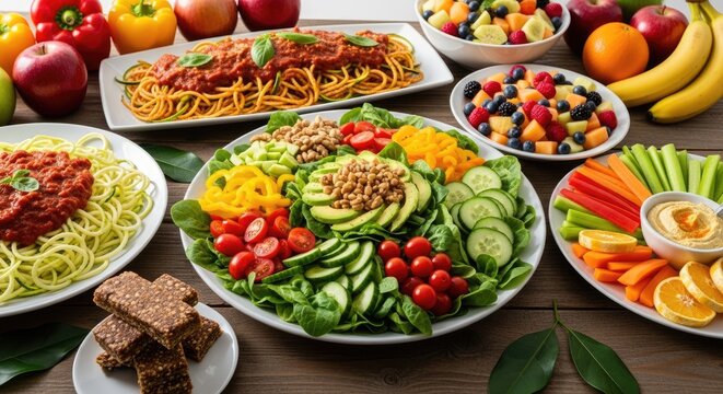 A colorful, healthy meal spread with fresh vegetables, fruits, and a variety of salads and pasta dishes.